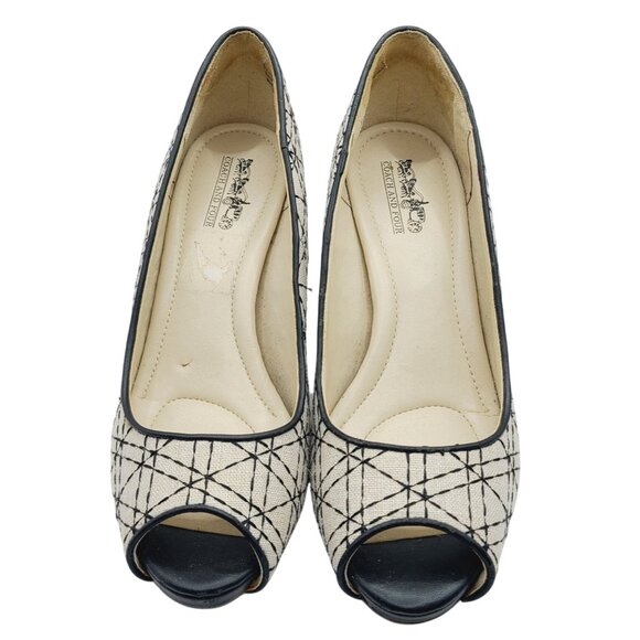 Coach And Four Beige & Black Geometric Peep-Toe Heels Size 8 Canvas 3" Stiletto - Picture 2 of 15